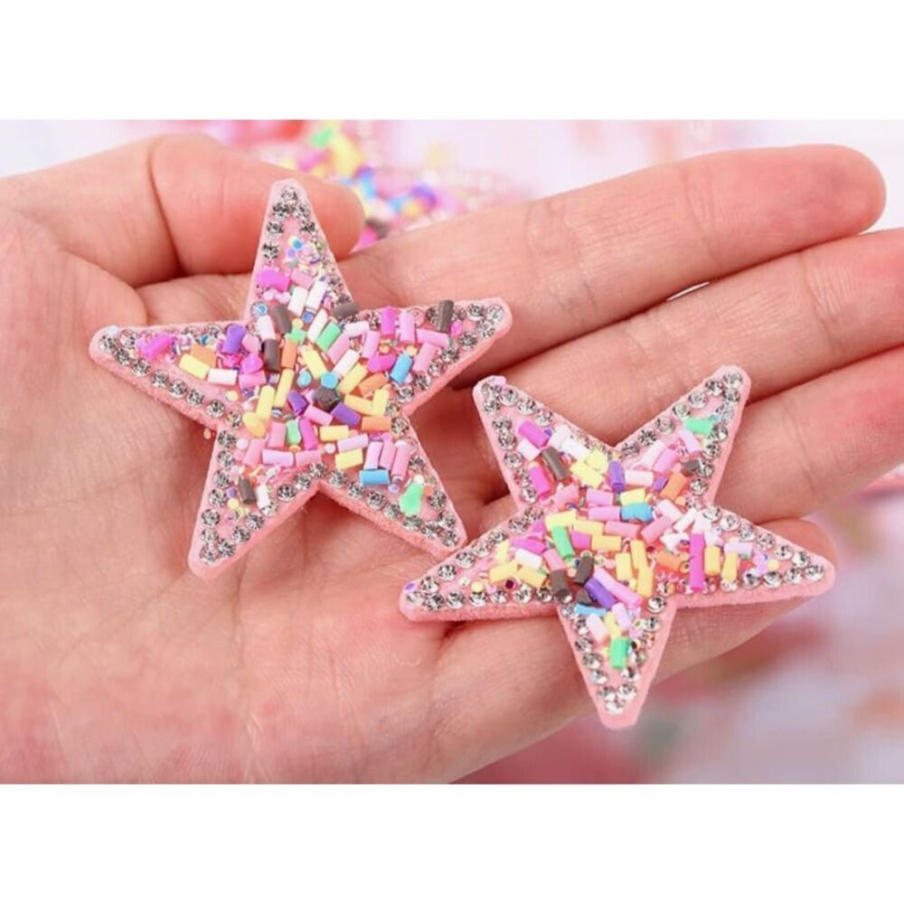10pcs Funfetti Stars Pink Rhinestone Sprinkles Sew Glue on 2in